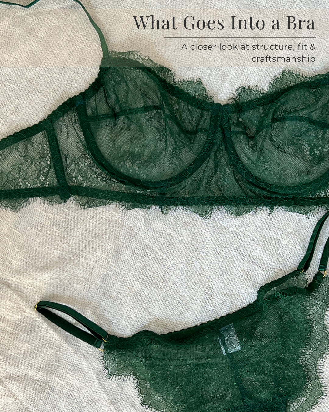 Green lace bra and knicker set with title text explaining what goes into a bra