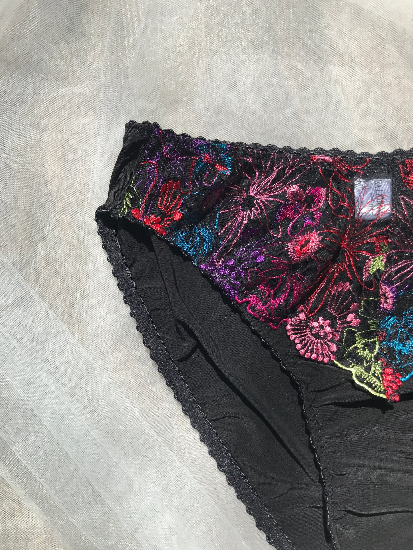 A multicolored floral print bikini underwear on a white background.