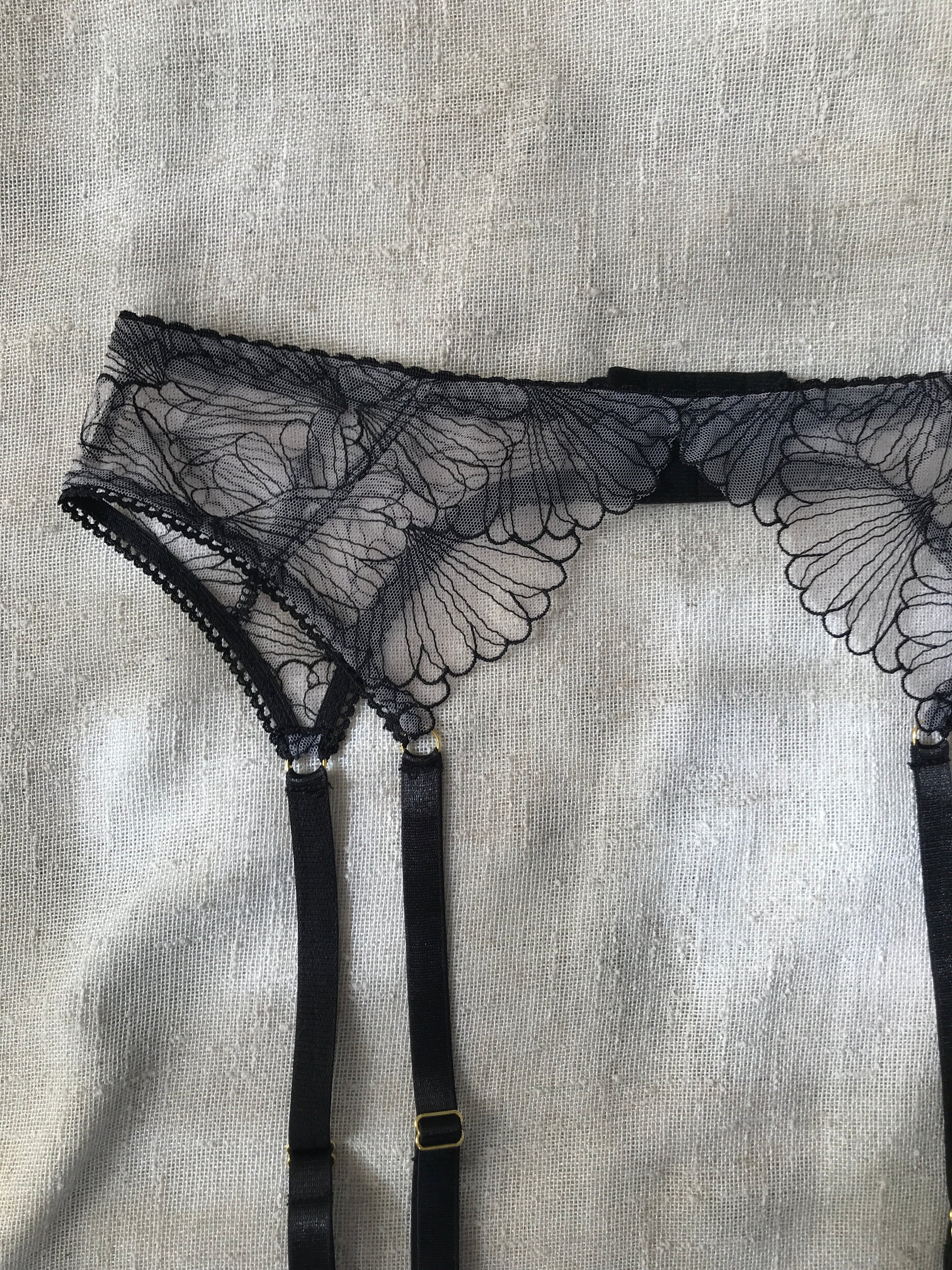 Black lace lingerie on a textured gray background