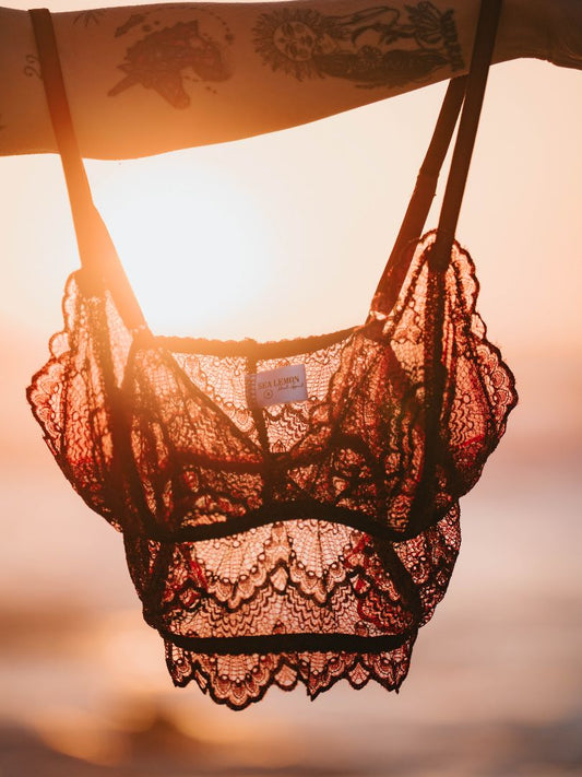 sea lemon Lace bralette with a sunset background